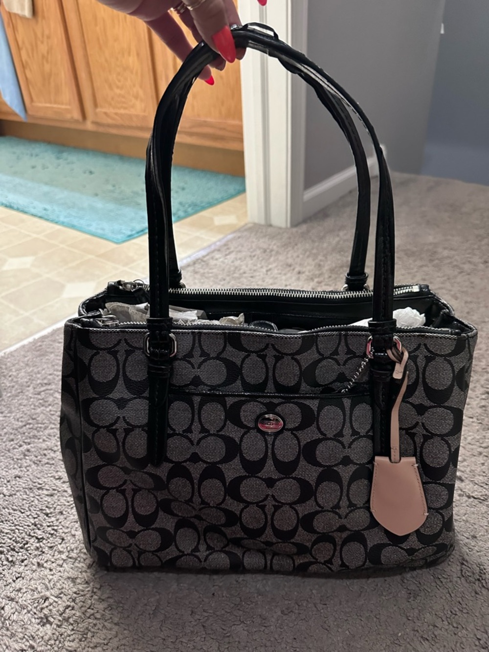 Coach Black Signature Canvas Tote with Pink Tag Accent
